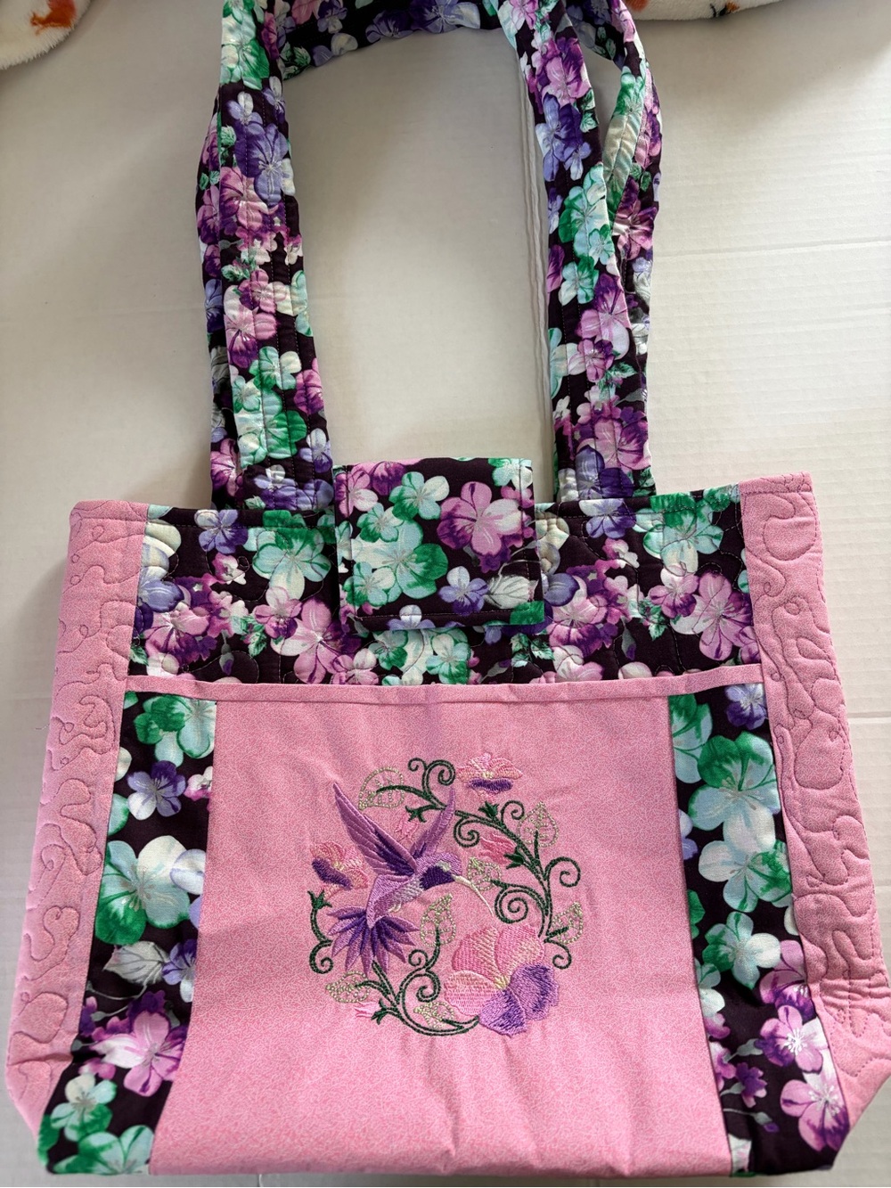 Floral Pink Quilted Tote Bag with Embroidered Hummingbird